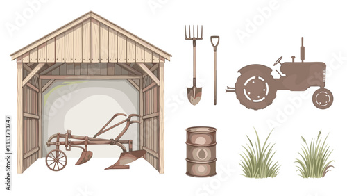 Vintage, rustic collection of farm and agriculture icons including a barn, plow, tractor, and farming tools in muted tones.