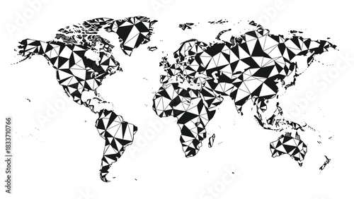 Abstract world map created with a black and white low-poly geometric triangle pattern for a modern, artistic global representation.