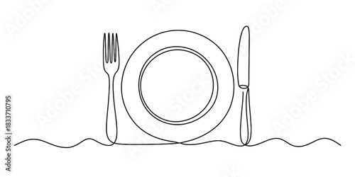 Continuous line drawing of a dinner table setting with a plate, fork, and knife, minimalist design, ready for a meal, elegant simple dining utensil artwork. Vector, illustration