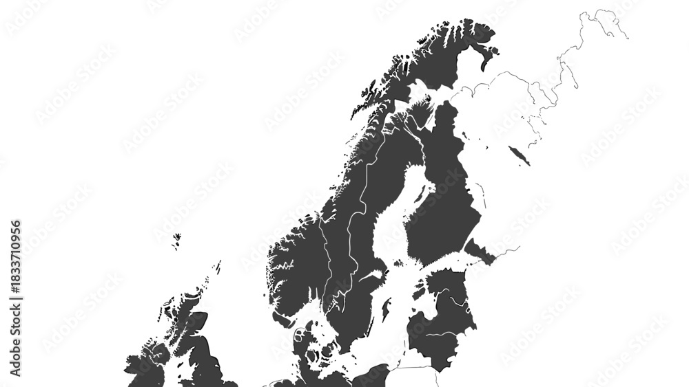Fototapeta premium Dark grey silhouette map of the Scandinavian and Nordic countries, including surrounding regions, on a white background.