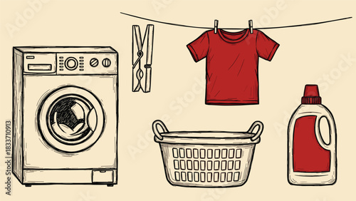 Hand-drawn vintage collection of laundry and cleaning supplies, including a washing machine, basket, detergent, and a clothesline.