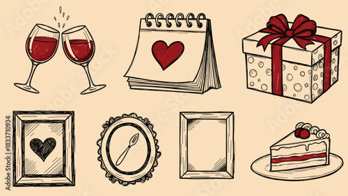 Hand-drawn vintage icon set for a romantic date night or anniversary, featuring wine, a gift, cake, and picture frames.