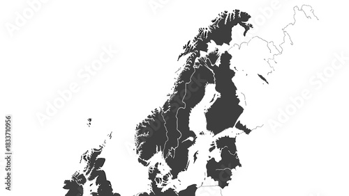 Dark grey silhouette map of the Scandinavian and Nordic countries, including surrounding regions, on a white background.