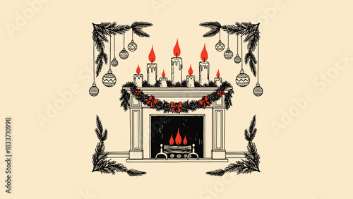 Cozy hand-drawn Christmas scene featuring a decorated fireplace with a garland, candles, and hanging ornaments, framed by pine branches.