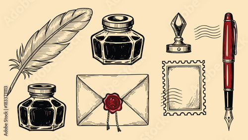 Vintage hand-drawn collection of writing and postal items, featuring a quill, inkwell, fountain pen, and a wax-sealed envelope.