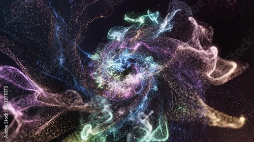 Abstract swirling colorful particles on black background dynamic flow animation for creative projects