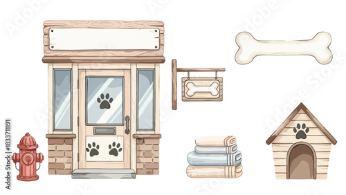 Watercolor-style collection of pet shop and dog care icons, including a store facade, dog house, towels, and a bone-shaped sign.