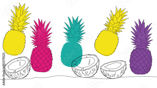 Modern continuous one-line drawing of pineapples and coconuts, highlighted with vibrant, colorful abstract background shapes.