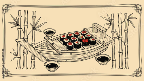 Vintage hand-drawn illustration of a Japanese sushi boat platter, served with soy sauce among bamboo stalks in a frame.