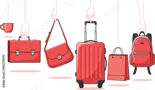 Red bag and cup icon set featuring briefcase, handbag, suitcase, shopping bag, backpack, and takeaway cup held by hands