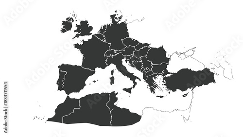 Black silhouette map of the Mediterranean region, showing Southern Europe and North Africa with country borders on a white background.