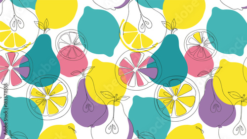 Seamless pattern of lemons and pears drawn in a continuous one-line style, with colorful abstract shapes for a fresh, modern design.