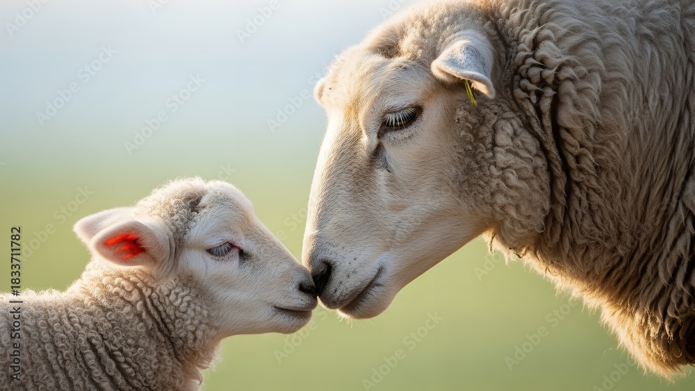 Obraz premium Mother sheep and baby lamb touching noses, heartwarming moment, isolated background