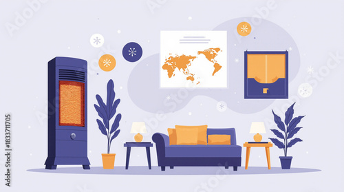 Cozy living room with heater and world map art