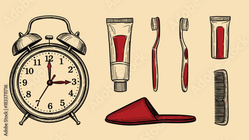 Vintage hand-drawn collection of morning routine items, including an alarm clock, toothpaste, toothbrush, slippers, and a comb illustration.