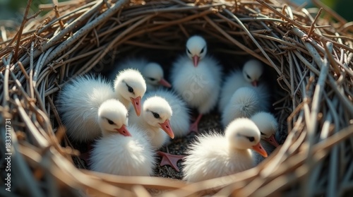 Adorable group of fluffy white stork chicks huddled together in their nest
