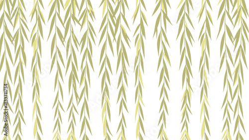 Seamless pattern of hanging weeping willow leaves in soft green tones, creating a tranquil and natural background texture.