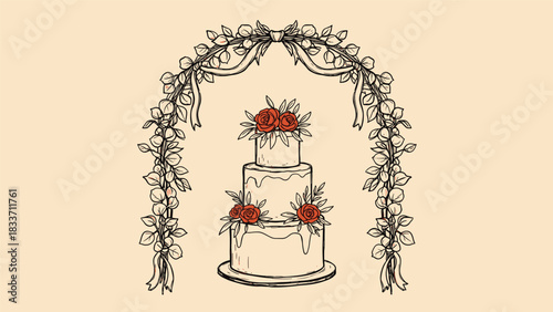Vintage hand-drawn illustration of a beautiful three-tiered wedding cake with roses, framed by a romantic floral arch.