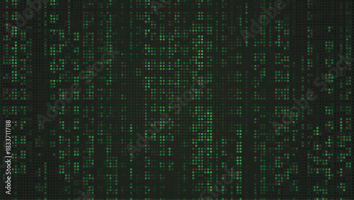 Dark futuristic background featuring abstract green data points flowing in a digital grid pattern