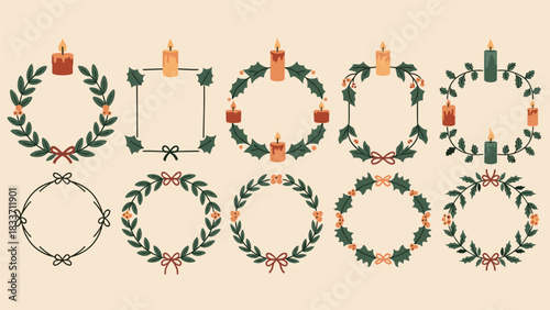 Collection of hand-drawn Christmas and holiday wreaths, frames, and borders decorated with holly, berries, bows, and lit candles.