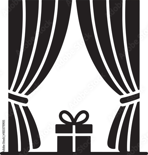 Gift box behind curtains in theater vector design background illustration