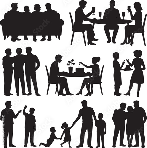Group of people silhouette in several gatherings and events illustration
