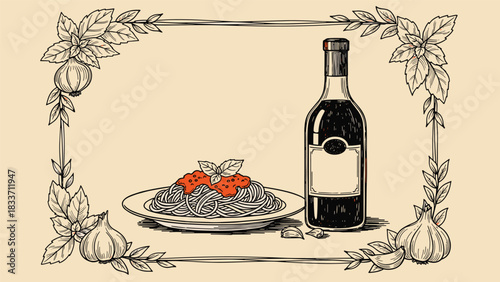 Vintage hand-drawn illustration of Italian food, featuring spaghetti and a wine bottle inside a decorative frame of basil and garlic.