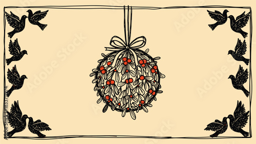 Hand-drawn vintage illustration of a mistletoe kissing ball with red berries and a bow, inside a decorative frame of flying doves.