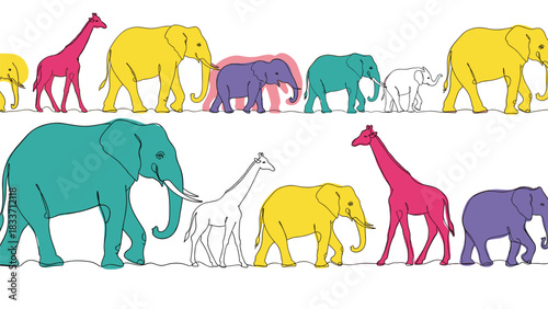 Seamless border pattern of a colorful parade of elephants and giraffes walking in a line, drawn in a sketch style.