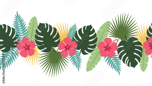 Seamless horizontal border of colorful flat design tropical leaves and hibiscus flowers, perfect for a summer party banner.