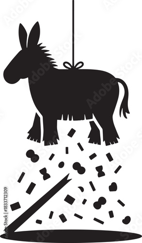 Pinata illustration with donkey character and falling sweets on white vector