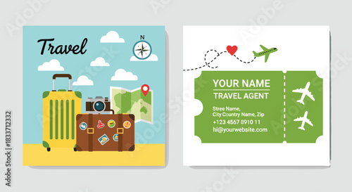 Travel agent business card, vacation concept, suitcase, camera, map, airplane ticket, travel love, tourism design, vector illustration, holiday