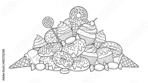 Large pile of sweet desserts including donuts, cupcakes, and ice cream cones, in a black and white line art illustration.
