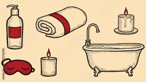 Hand-drawn vintage collection of spa and relaxation items including a bathtub, candles, lotion, towel, and a sleep mask.