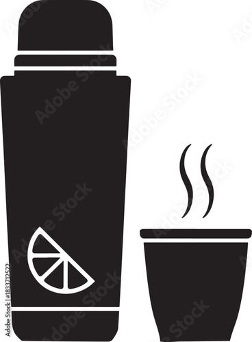 Thermos bottle with cup of hot beverage vector line drawing