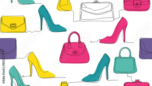 Seamless pattern with colorful women's high heels and handbags, created in a continuous one-line drawing style for fashion design.