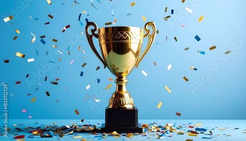 Golden trophy with confetti on blue background celebrating achievement