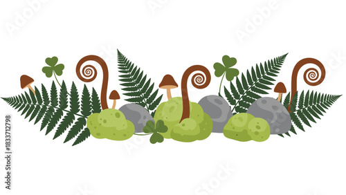 Forest floor border decoration with green fern leaves, mossy stones, mushrooms, and lucky clover, isolated on a white background.