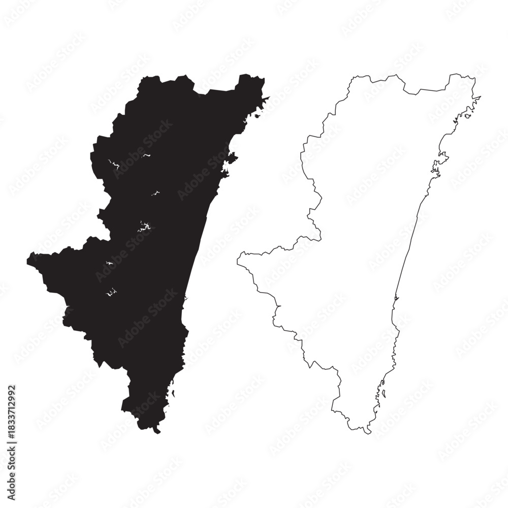 Obraz premium Minimalist black silhouette vector map of Miyazaki Prefecture Japan on dark background