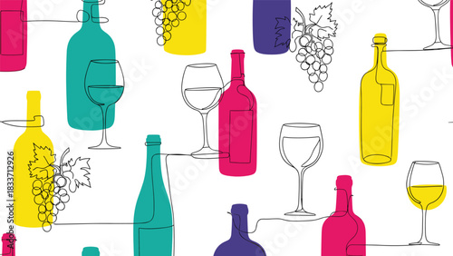 Seamless pattern of colorful wine bottles and glasses in a modern continuous line art style for contemporary designs.