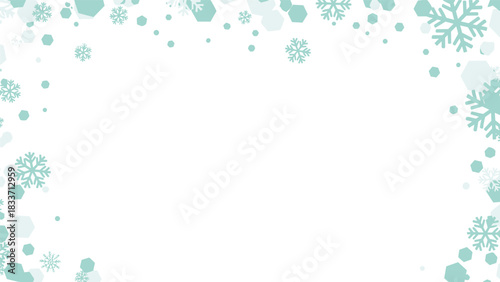 Winter holiday frame made from light blue snowflakes and hexagons, providing a cool and festive border on a white background.