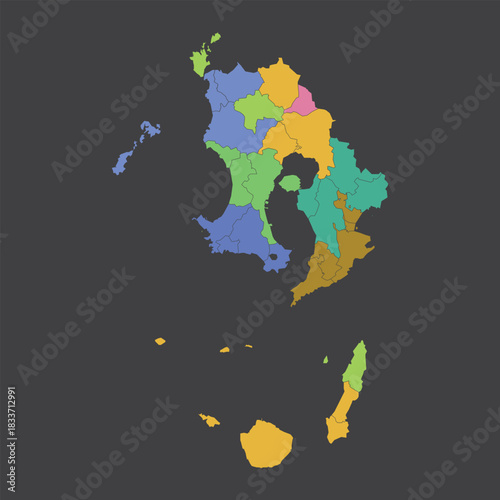 Vibrant political vector map of Kagoshima Prefecture Japan showing all administrative regions