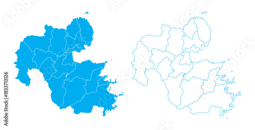 Clean blue outline and filled vector map of Oita Prefecture Japan with sub-districts