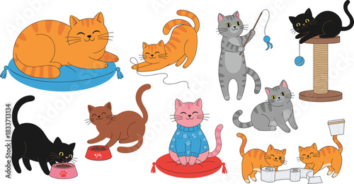 Mega Bundle of Adorable Flat Style Cat Characters in Different Poses, Including Orange, Black, Brown, and Striped Cats Sleeping, Stretching, Playing, Eating, and Destroying Toilet Paper