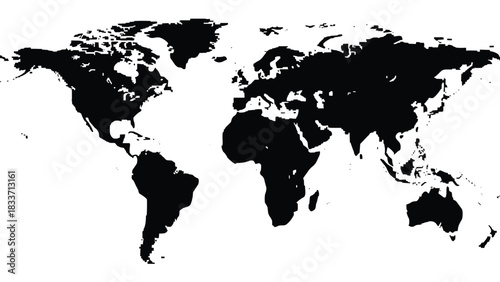 High-detail solid black silhouette of a world map showing all continents, perfect for global, travel, or business-related graphic designs.