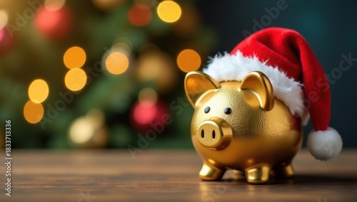 Saving for the Holidays: Golden Piggy Bank with Festive Theme