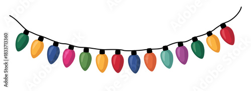 Curved string of Christmas lights with glossy teardrop bulbs in green, orange, blue, pink, yellow, red, and purple. Clean lines, black wire, simple festive design. Flat  vector illustration isolated