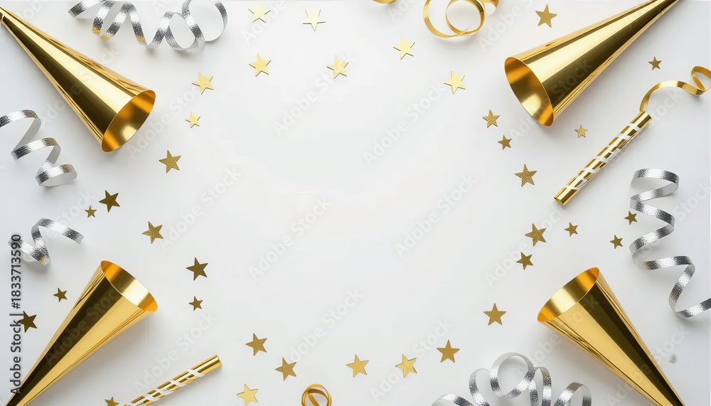 Obraz premium Top view of a festive celebration frame with golden party horns, silver streamers, and confetti