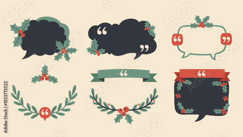 Festive collection of Christmas-themed quote bubbles, banners, and frames decorated with holly, berries, and winter foliage for holiday messages.