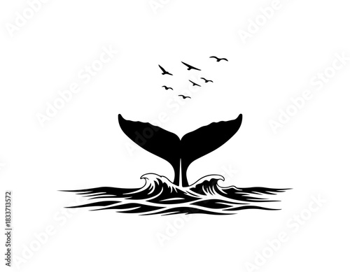 Whale Tail and Birds Silhouette Over Ocean Waves